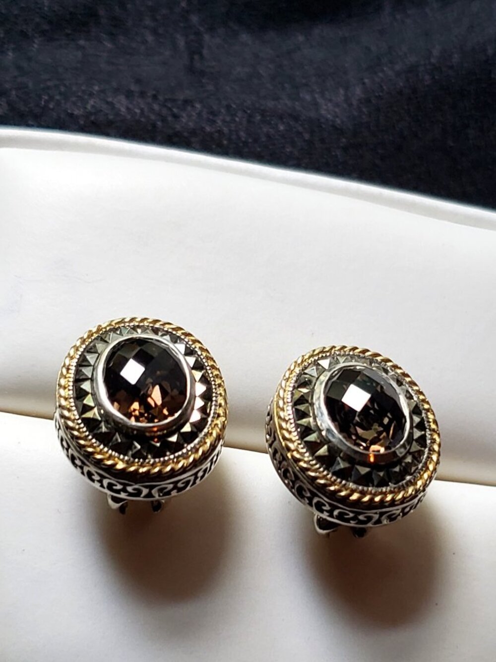 Lavish by TJM 925 Sterling Silver Smoky Quartz & Marcasite Omega Earrings - NWOT